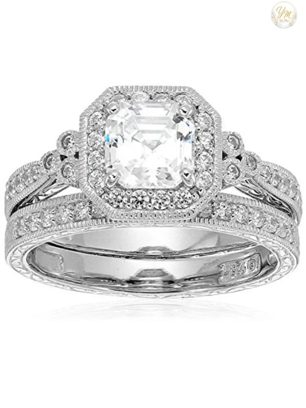 Platinum Plated Sterling Silver Antique Halo Engagement Ring Set with